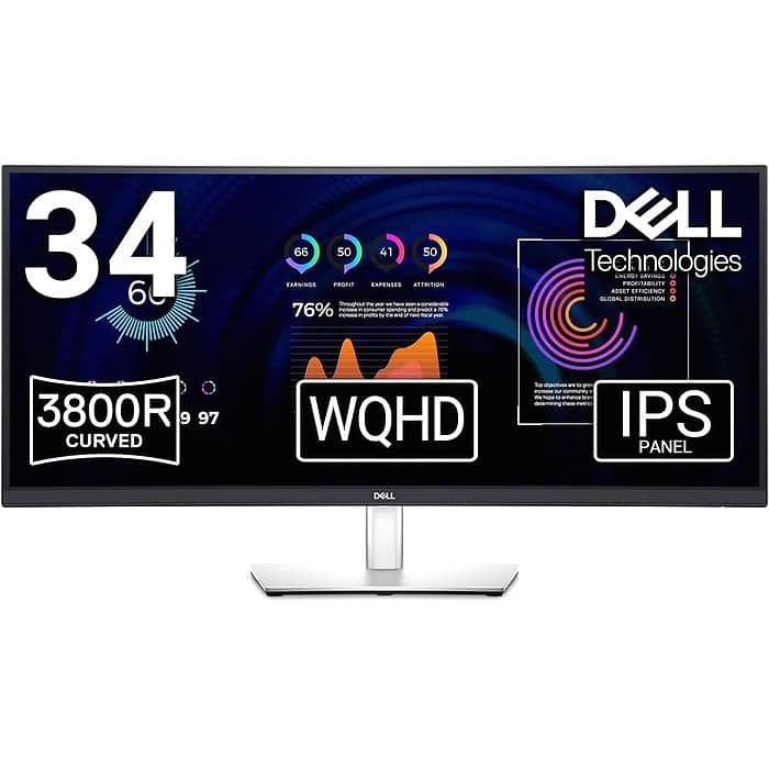 Dell P3424WE, 34" Curved, WQHD AG, IPS, 21:9, 5ms, 1000:1, 300 cd/m2, (3440x1440 ), 99% sRGB, HDMI, DP, USB-C PD of up to 90W, USB 3.2 hub, KVM ports, RJ45, ComfortView Plus, Height Adjustable, Swivel, Tilt, Black