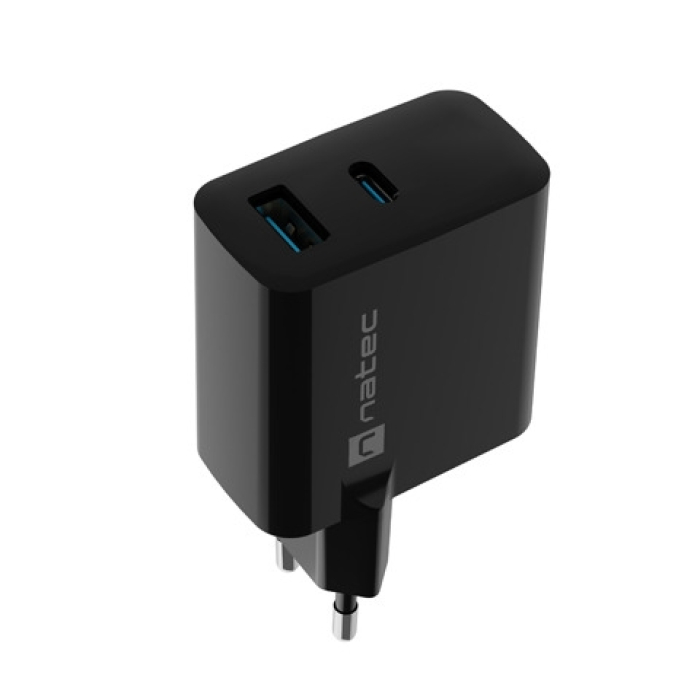 Natec USB Charger Ribera Gan 1X USB-A + 1X USB-C 65W, Black (тъмнейл - 1)