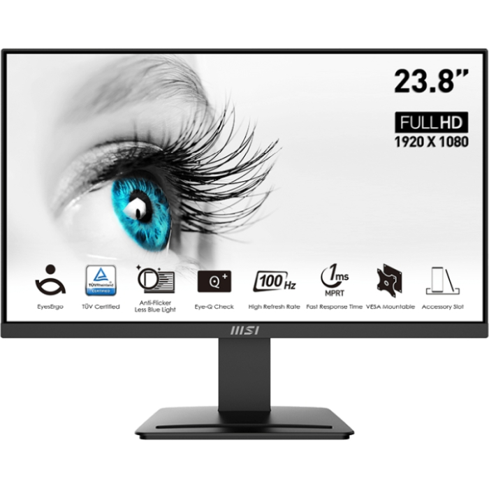 MSI PRO MP2412, 23.8", 100Hz, 1920x1080 FHD, VA, 1ms MPRT, 4ms GTG, 4000:1 CONTRAST RATIO, Anti-glare, 1x HDMI, 1x DP, VESA 75, Tilt, 300 cd/m2, 113% (CIE 1976), VESA 75mm, Display Kit App, T?V certified anti-flicker, 9S6-3BA9CH-042