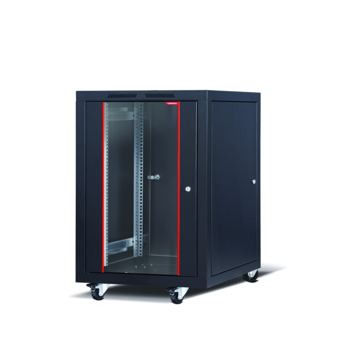 Formrack 19" Free standing rack 16U 600/1000mm, height: 942 mm, loading capacity: 600 kg, front tempered glass door, openable locking sides and back (does not include castor/feet group)