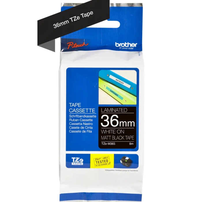 Brother TZe-M365 Labelling Tape Cassette – Matt Laminated White On Black, 36mm wide