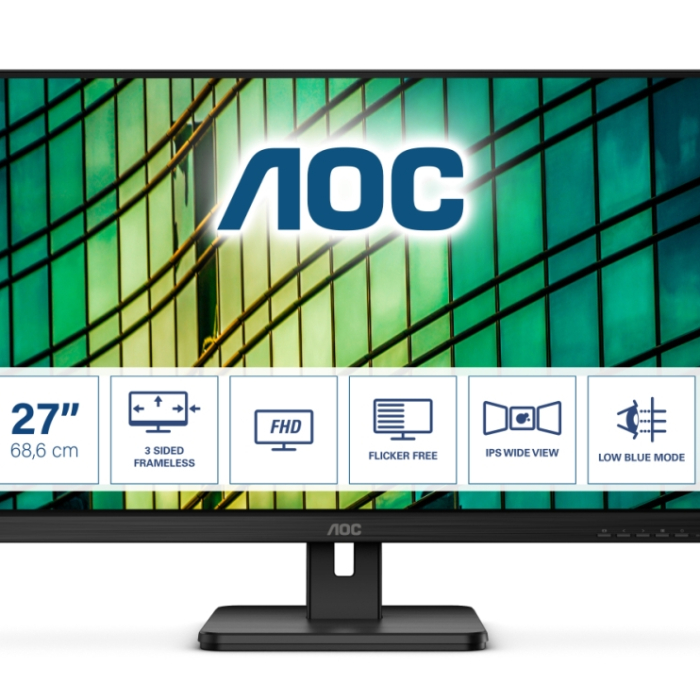 AOC 27E2QAE, 27" IPS WLED, 1920x1080@75Hz, 4ms GTG, 250cd/m2, 1000:1, 20M:1 DCR, Adaptive Sync, FlickerFree, Low Blue Light, 2Wx2, Tilt, Swivel, D-SUB, HDMI, DP на супер цена