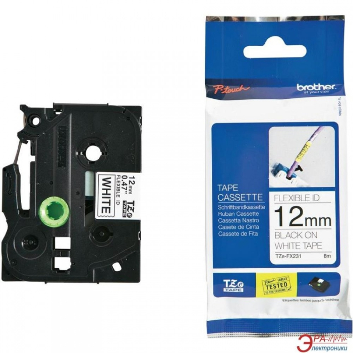 Brother TZe-FX231 Tape Black on White, Flexible ID, 12mm, 8m