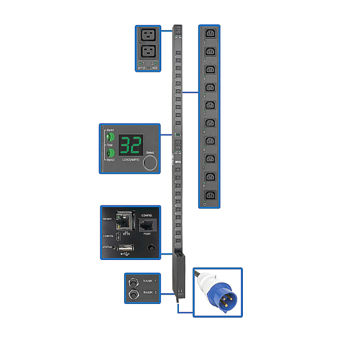 Tripp Lite by Eaton 7.7kW Single-Phase Switched PDU with LX Platform Interface, 230V Output, IEC 309 32A Blue, 10 ft. (3.05 m) Cord, 0U, TAA