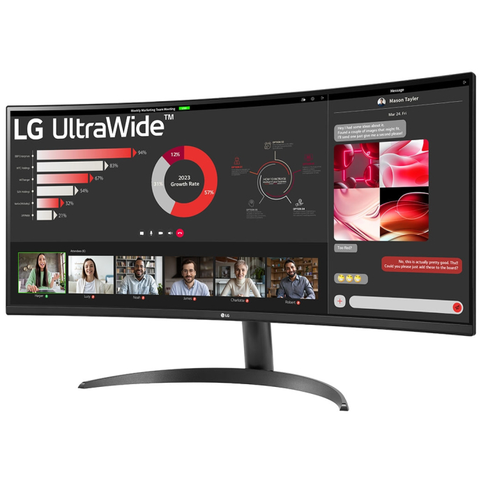 LG 34WR50QC-B, 34" UltraWide AG , Curved 21:9 VA Panel, 5ms, 3000:1, 300 cd/m2, WQHD 3440x1440, HDR10, sRGB 99% , AMD FreeSync, 100Hz, HDMI, DisplayPort, PBP, Tilt, Reader Mode, Headphone Out, Black (тъмнейл - 1)