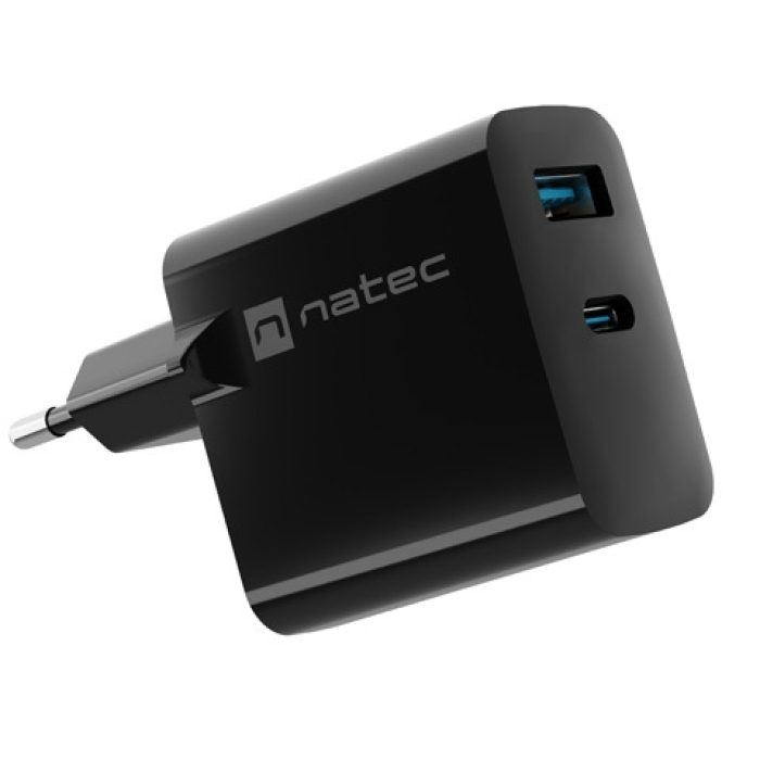 Natec USB Charger Ribera Gan 1X USB-A + 1X USB-C 45W, Black