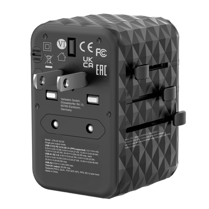 Verbatim UTA-05 GaN III Universal Travel Adapter with 2 x USB-C PD 65W & QC 4+ / 2 x USB-A (тъмнейл - 3)