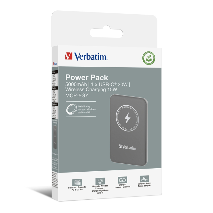 Verbatim MCP-5GY Power Pack 5000 mAh with UBS-C® PD 20W / Magnetic Wireless Charging 15W Grey (тъмнейл - 3)