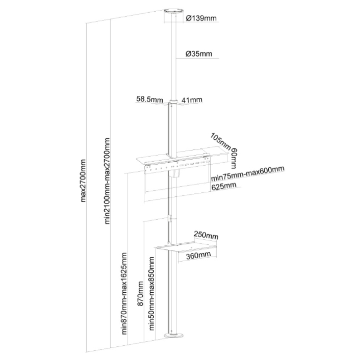 Neomounts by NewStar Flat Screen Ceiling to Floor Mount (Height: 210-270 cm) (тъмнейл - 2)