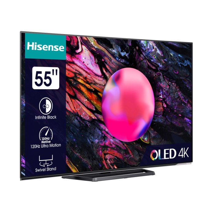 Hisense 55" A85K, 4K Ultra HD 3840x2160, OLED, 120Hz, IPS, HDR 10+, HLG, Dolby Vision IQ, Dolby Atmos, Smart TV, WiFi 6E, WiFi Direct, BT, Anyview Cast, 4xHDMI, 2xUSB, LAN, CI+, DVB-T2/C/S2, Black (тъмнейл - 1)