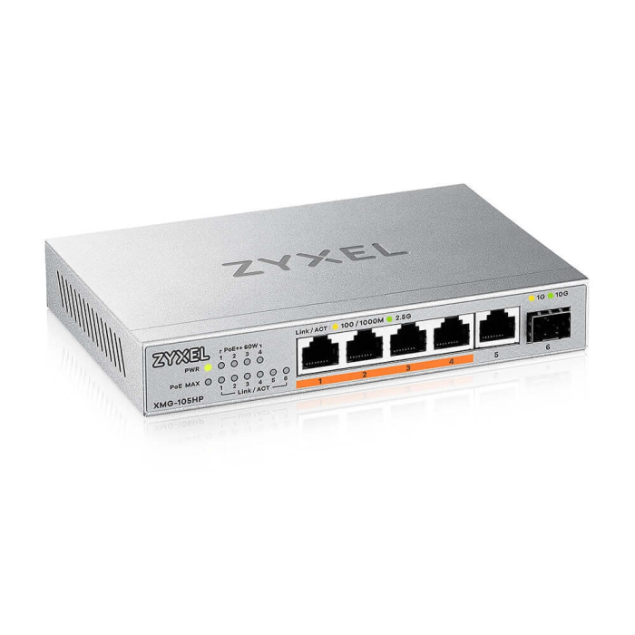 ZyXEL XMG-105 5 Ports 2,5G + 1 SFP+, 4 ports 70W total PoE++ Desktop MultiGig unmanaged Switch (тъмнейл - 1)