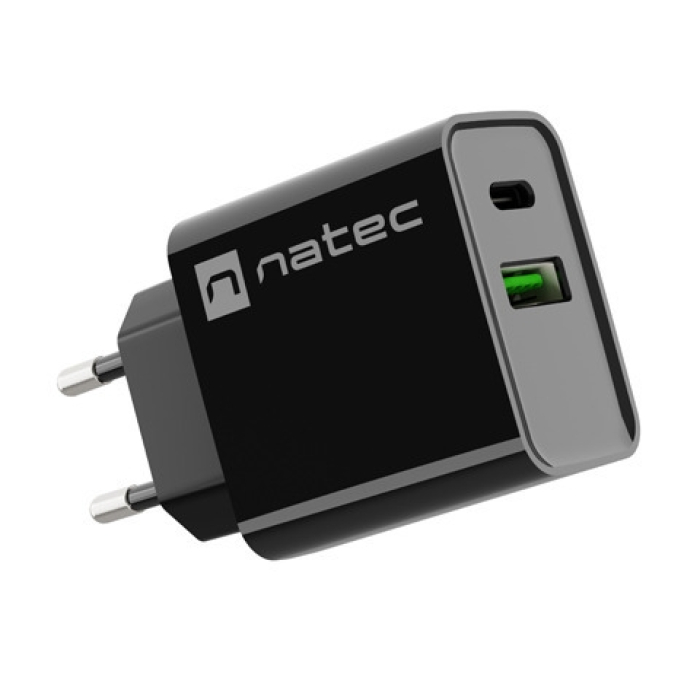 Natec USB Charger Ribera 1X USB-A + 1X USB-C 20W, Black