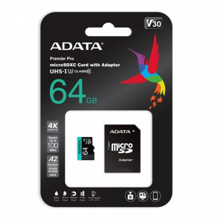 ADATA 64GB MicroSDXC UHS-I U3 V30S (with adapter) (тъмнейл - 1)