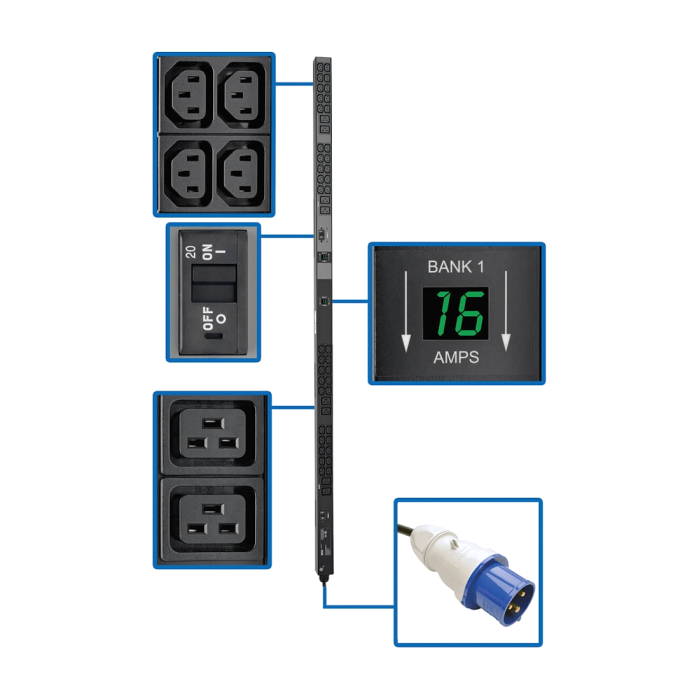 Tripp Lite by Eaton 7.7kW Single-Phase Local Metered PDU, 200-240V Outlets (8 C19 and 40 C13), IEC-309 32A Blue Input, 10 ft. (3.05 m) Cord, 0U Vertical, TAA, 70 in. (тъмнейл - 1)