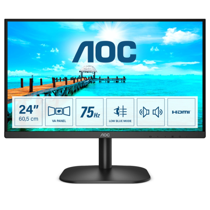 AOC 24B2XDAM, 23.8" VA WLED, 1920x1080@75Hz, 4ms GtG, 250cd/m2, 3000:1, DC20M:1, FlickerFree, Low Blue Light, 2Wx2, Tilt, D-SUB, DVI, HDMI