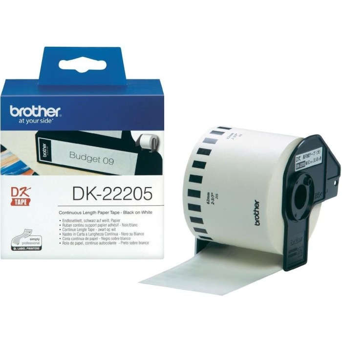 Brother DK-22205 Roll White Continuous Length Paper Tape 62mmx30.48M (Black on White) на супер цена