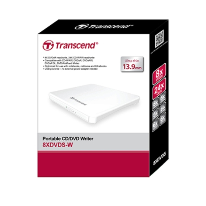 Transcend 8X DVD±RW, Slim Type, USB 2.0 (White), 13.9mm Thickness (тъмнейл - 2)