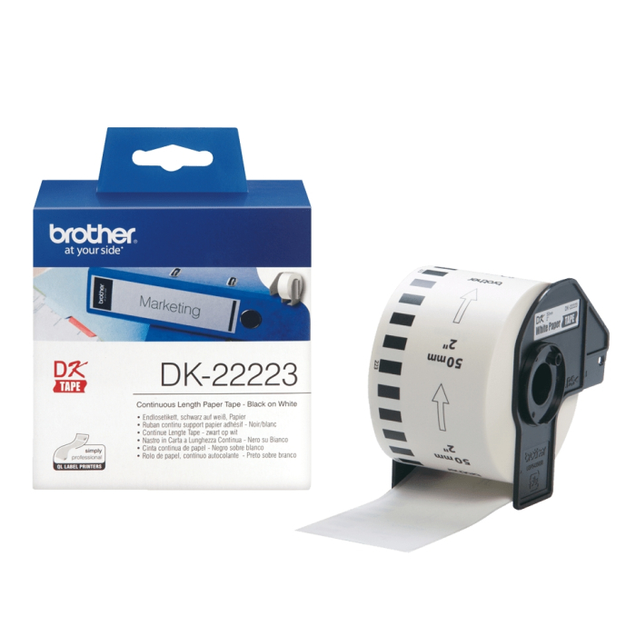 Brother DK-22223 White Continuous Length Paper Tape 50mm x 30.48m, Black on White