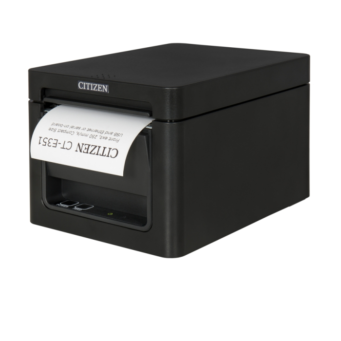 Citizen POS printer CT-E351 Direct thermal Print Speed 250mm/s, Print Widht 72mm(58/80mm)/Media Width(min-max) 59/80mm/Roll Size(max)83mm/Emul.Lang.ESC/POS/Reliability 200mln.pulses/150 Km/2 mln.cuts/Resol.203dpi/Interface USB/Ethernet/EN Plug(EU) Black