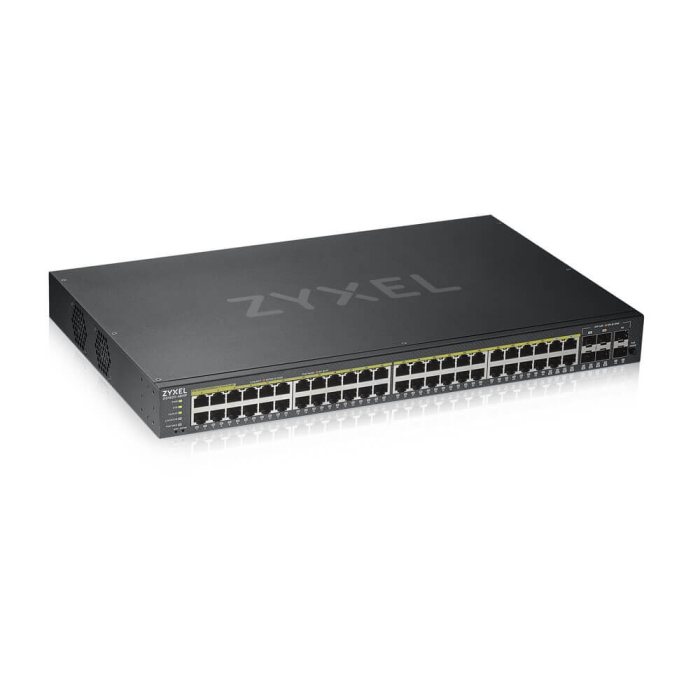 ZyXEL GS1920-48HPv2, 50 Port Smart Managed PoE Switch 44x Gigabit Copper PoE and 4x Gigabit dual pers., hybrid mode, standalone or NebulaFlex Cloud, 375 Watt PoE