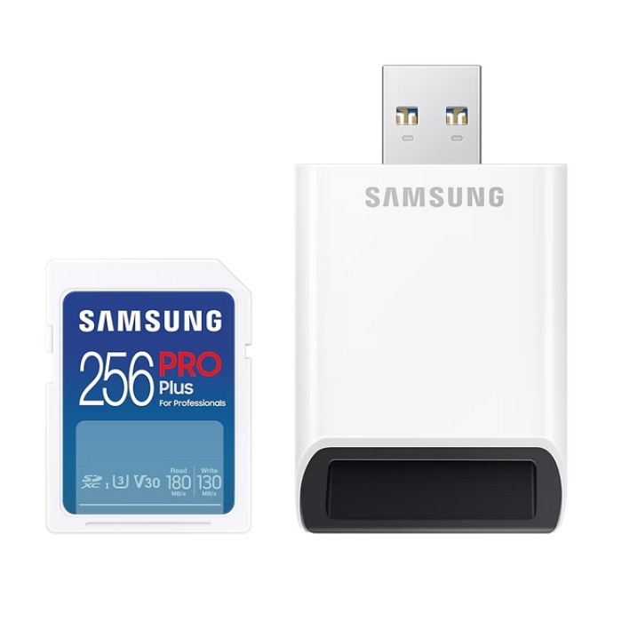 Samsung 256GB SD PRO Plus + USB Reader, Class10, Read 180MB/s - Write 130MB/s