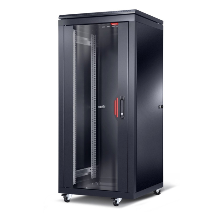 Formrack 19" Free standing rack 26U 600/1000mm, height: 1384 mm, loading capacity: 600 kg, front tempered glass door, openable locking sides and back (does not include castor/feet group)