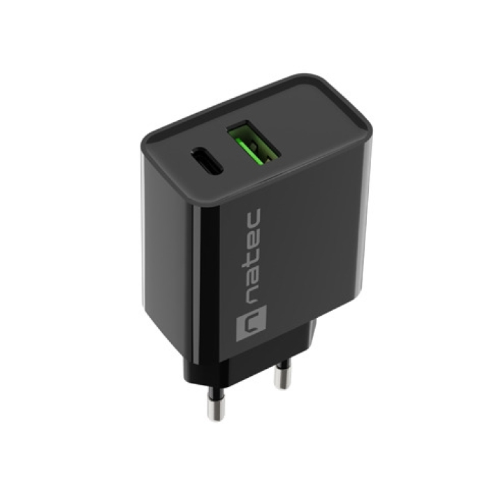 Natec USB Charger Ribera 1X USB-A + 1X USB-C 20W, Black (тъмнейл - 1)