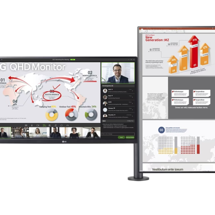 LG 27QP88DP-BS, 27" QHD Monitor Ergo Dual with Daisy Chain (2560x1440) IPS AG, sRGB 99%, HDR10, 75Hz, 5ms, 1000:1, Mega DFC, 350 cd/m2, AMD FreeSync, USB type-C, HDMI, Reader Mode, DisplayPort, Ergo Dual Stand with C-Clamp & Grommet, Tilt/Height/ (тъмнейл - 1)