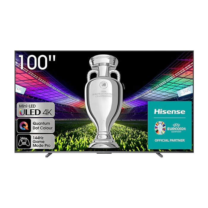 Hisense 100" U7KQ, 4K Ultra HD 3840x2160, ULED, FALD, Quantum Dot, 144Hz, IPS, HDR 10+, HLG, Dolby Vision IQ, Dolby Atmos, Smart TV, WiFi 5GHz, WiFi Direct, BT, Anyview Cast, 4xHDMI, 2xUSB, LAN, CI+, DVB-T2/C/S2, Black