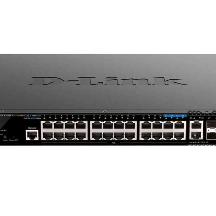 D-Link 20 ports GE PoE + 4 ports 2.5 GE PoE + 2 10GE ports + 2 SFP+ Smart Managed Switch