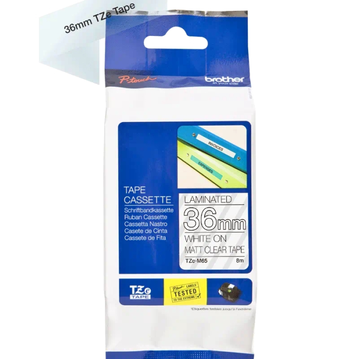 Brother TZe-M65 Matt Laminated Labelling Tape Cassette – White On Clear, 36mm wide