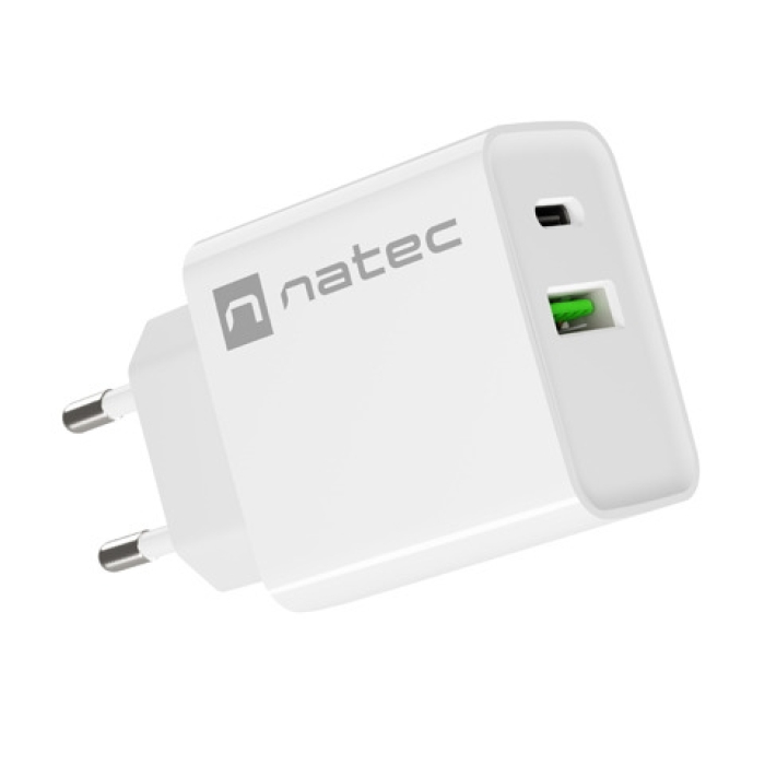 Natec USB Charger Ribera 1X USB-A + 1X USB-C 20W, White