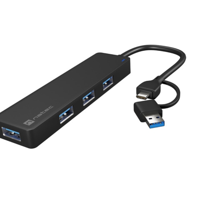 Natec Hub Mayfly USB-C 3.0 4 Port + USB-A Adapter Black