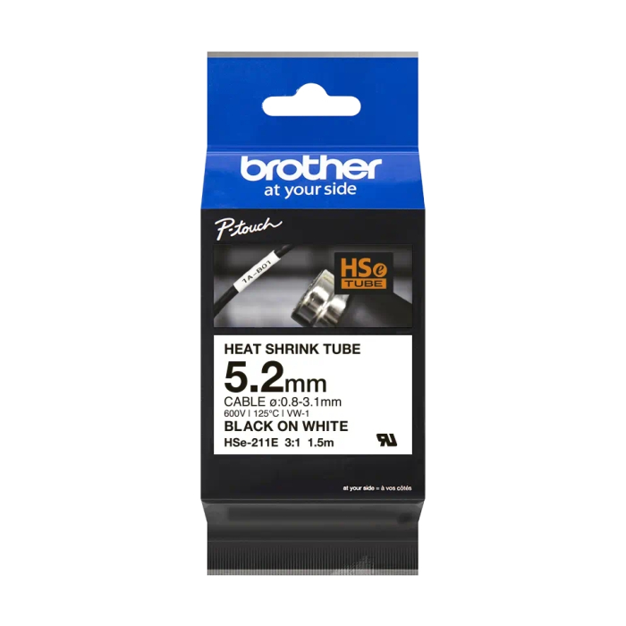 Brother HSe-211E 5.2mm Black on White Heat Shrink Tape на супер цена