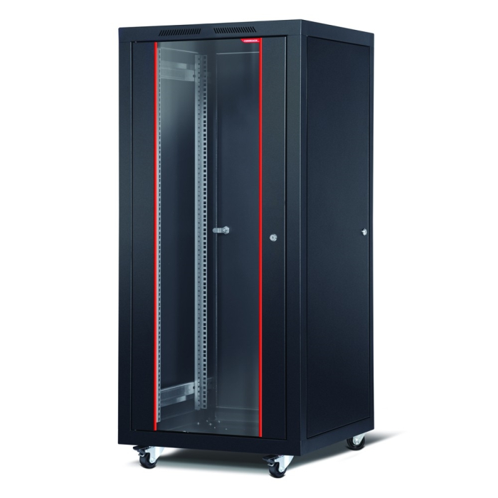 Formrack 19" Free standing rack 26U 600/1000mm, height: 1386 mm, loading capacity: 600 kg, front tempered glass door, openable locking sides and back (does not include castor/feet group)