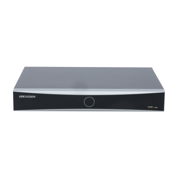 HikVision 8-ch PoE 1U K Series AcuSense 4K NVR, up to 12 MP, H.265+, 80 Mbps, 1 SATA HDD up to 10TB, 2 USB, Audio Output: 1-ch, RCA (Linear, 1 kOhm), Video Output: HDMI 4K, VGA 1080p