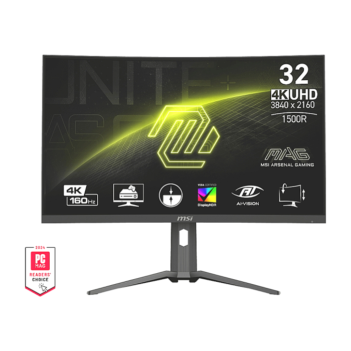 MSI MAG 321CUP, 31.5", VA, 160Hz, 1ms, UHD 3840x2160, Curved, FreeSync Premium, HDR 400, AI VISION, Console Mode, VRR, ALLM, CEC, PIP, PBP, 350 nits, 3000:1, 100M;1, DP (1.4a), 2x HDMI (2.1), 1x Type-C (DP alt. PD 15W), Adj.Stand 130mm, Tilt, VESA