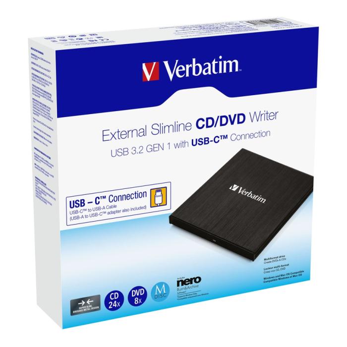 Verbatim External Slimline CD/DVD Writer USB 3.2 Gen 1/USB-C (тъмнейл - 2)