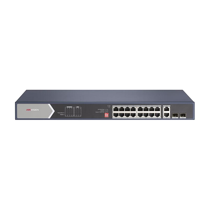 HikVision 20 Port Gigabit Unmanaged POE Switch, 12x Gigabit PoE port, 4x Gigabit Hi-PoE port, 2x Gigabit RJ45 port, and 2x Gigabit Fiber optical port, Power Budget 225W, Up to 300 m Long Range PoE Transmission