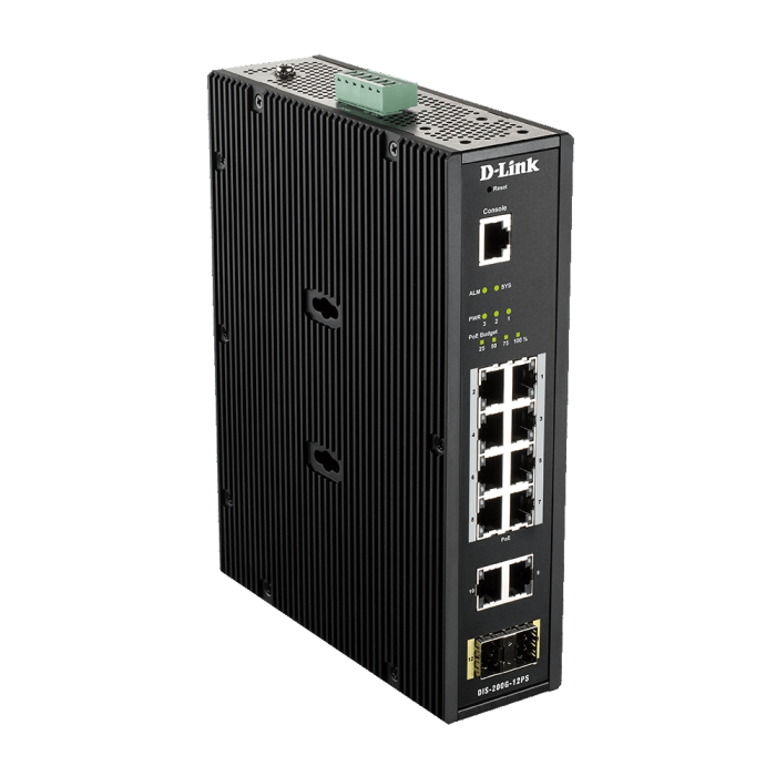 D-Link 12 Port L2 Industrial Smart Managed Switch with 10 x 1GBaseT(X) ports (8 PoE 240W) & 2 x SFP ports