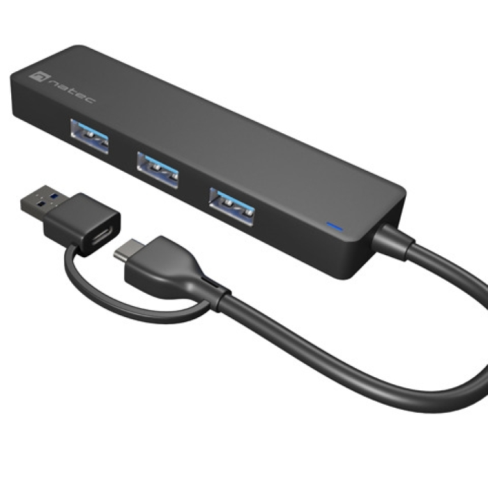 Natec Hub Mayfly USB-C 3.0 4 Port + USB-A Adapter Black (тъмнейл - 1)