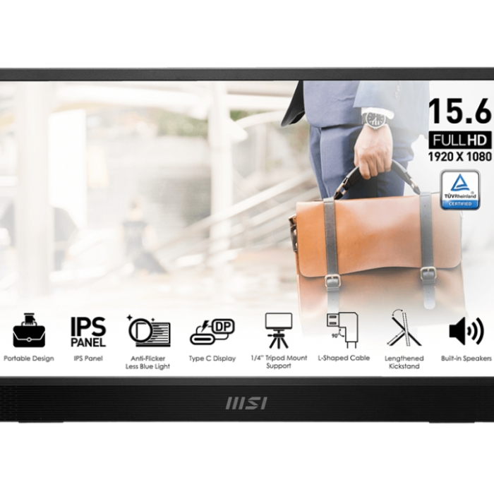 MSI PRO MP161 E2, Portable Monitor, 15.6" FHD IPS, Ultra Slim Design 1.08 cm, Connect with Smartphone, Display Kit app, MSI EyesErgo, Built-in Ergo Fold-out Kickstand, Built-in Speakers 2x 1.5W, 2x USB Type-C (DP 1.2a, 15W PD), mini HDMI, 4ms, 0.75 k