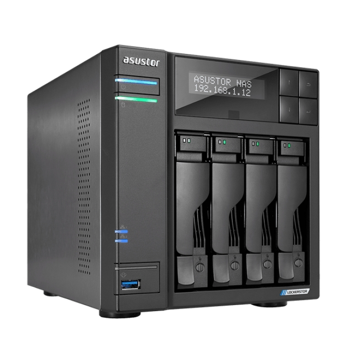 Asustor Lockerstore 4 AS6604T, 4-Bay NAS, Intel Apollo Lake Quad-Core J4125 up to 2.7GHz, 4 GB SO-DIMM DDR4,M.2 Slots (2280 NVMe SSD) x2, GbE x 2, USB 3.2 x 3, HDMI 2.0, WOW (Wake on WAN), WOL, System Sleep Mode, AES-NI hardware encryption (тъмнейл - 1)