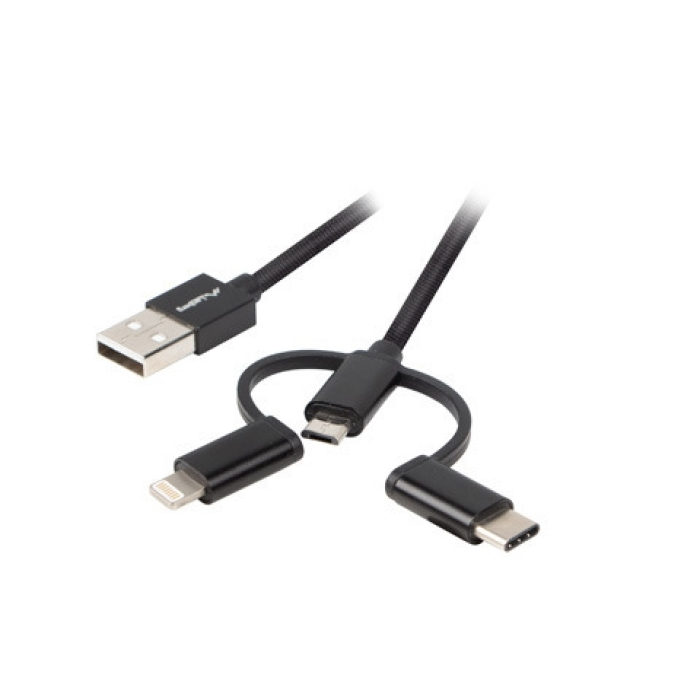 Кабел - Lanberg 3in1 USB-A(M)->USB MICRO(M)+LIGHTNING(M)+USB-C(M) 2.0 1m, black на супер цена