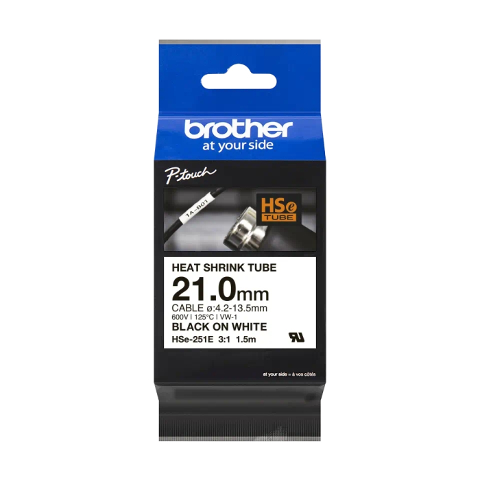 Brother HSe-251E 21mm Black on White Heat Shrink Tape на супер цена