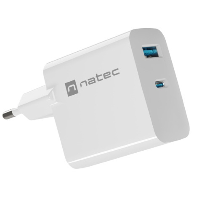 Natec USB Charger Ribera Gan 1X USB-A + 1X USB-C 45W, White на супер цена