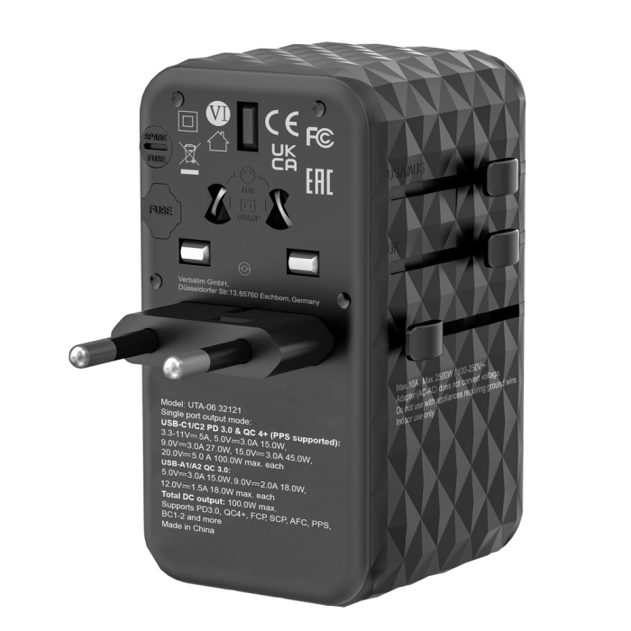 Verbatim UTA-06 GaN III Universal Travel Adapter with 2 x USB-C PD 100W & QC 4+ / 2 x USB-A QC 3.0 (тъмнейл - 4)