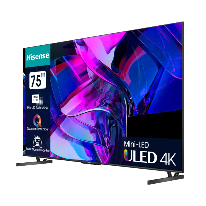 Hisense 75" U7KQ, 4K Ultra HD 3840x2160, ULED, FALD, Quantum Dot, 144Hz, IPS, HDR 10+, HLG, Dolby Vision IQ, Dolby Atmos, Smart TV, WiFi 5GHz, WiFi Direct, BT, Anyview Cast, 4xHDMI, 2xUSB, LAN, CI+, DVB-T2/C/S2, Black (тъмнейл - 2)