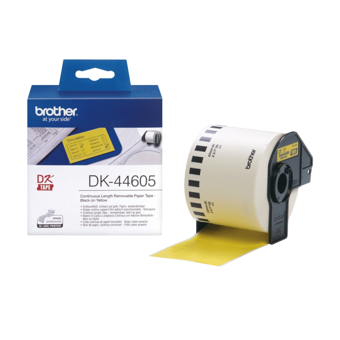 Brother DK-44605 Yellow Continuous Length Removable Paper Tape, 62mmx30.48m, Black on Yellow