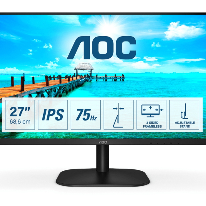 AOC 27B2DA, 27" IPS WLED, 1920x1080@75Hz, 4ms GtG, 250cd/m2, 1000:1. DC20M:1, Adaptive Sync, FlickerFree, Low Blue Light, 2Wx2, Tilt, D-SUB, DVI, HDMI на супер цена